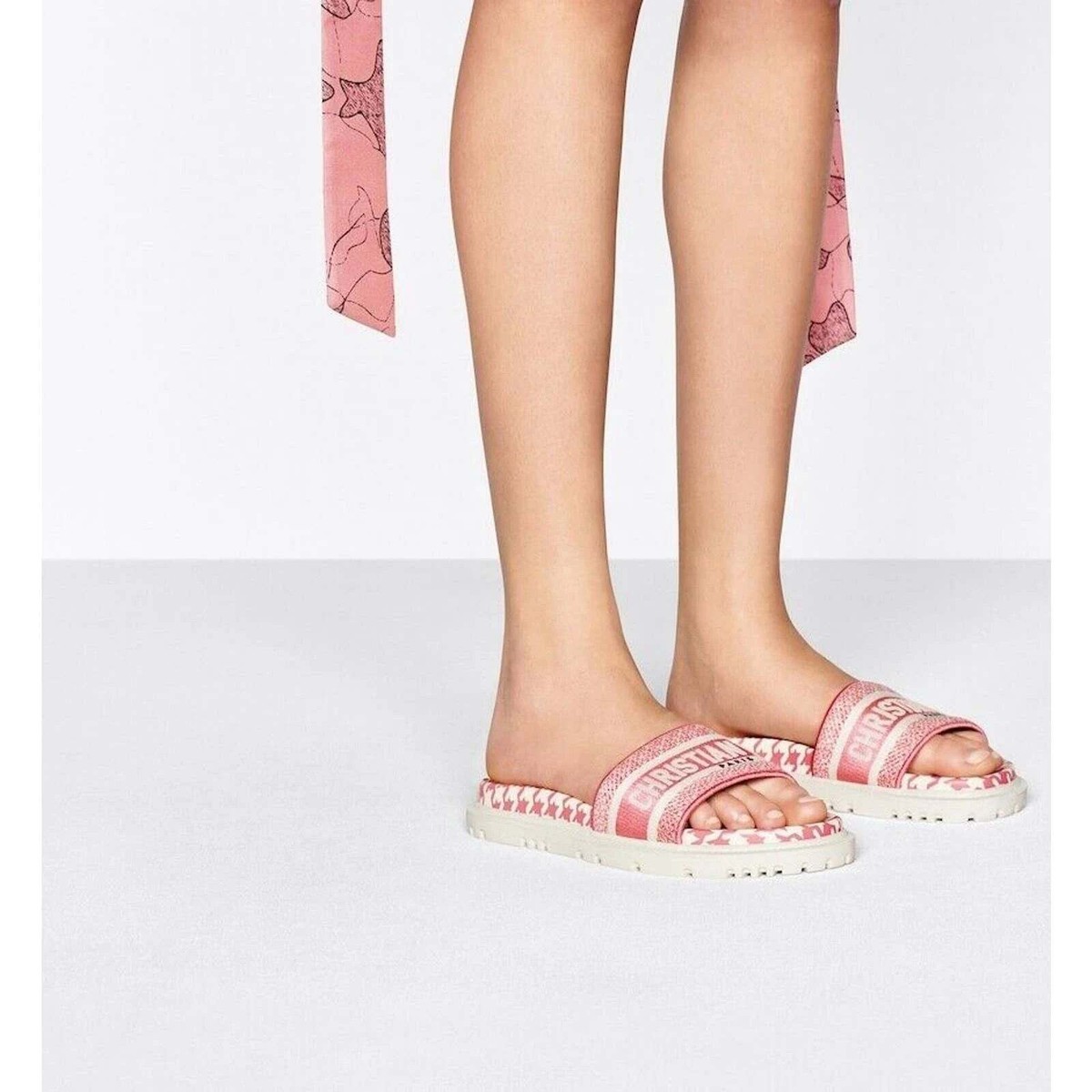 Christian Dior Dway Pink White Logo Houndstooth Slide Mule Flat