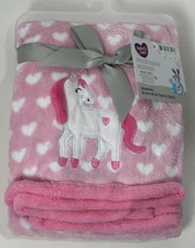 HTF NWT Parents Choice Walmart Pink White Unicorn Hearts Plush Baby Girl Blanket