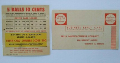 Big Time Bally Bingo Pinball 1956 Original Game Replay Value Card + Postcard