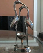 Vintage Bird Sculpture Black Nickel Copper Rhinestone Modernist MCM Crane Egret