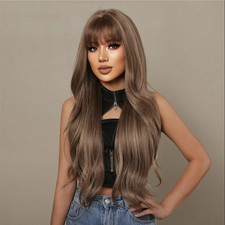 28 Inch Brown Mix Highlights Blonde Hair Wigs with Bangs Long Wave for Women US