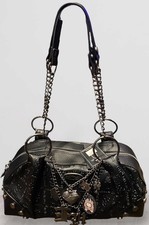 Ed Hardy Black Skull  Logo Embossed Satchel Bag Chain Charms Biker Y2K NWT