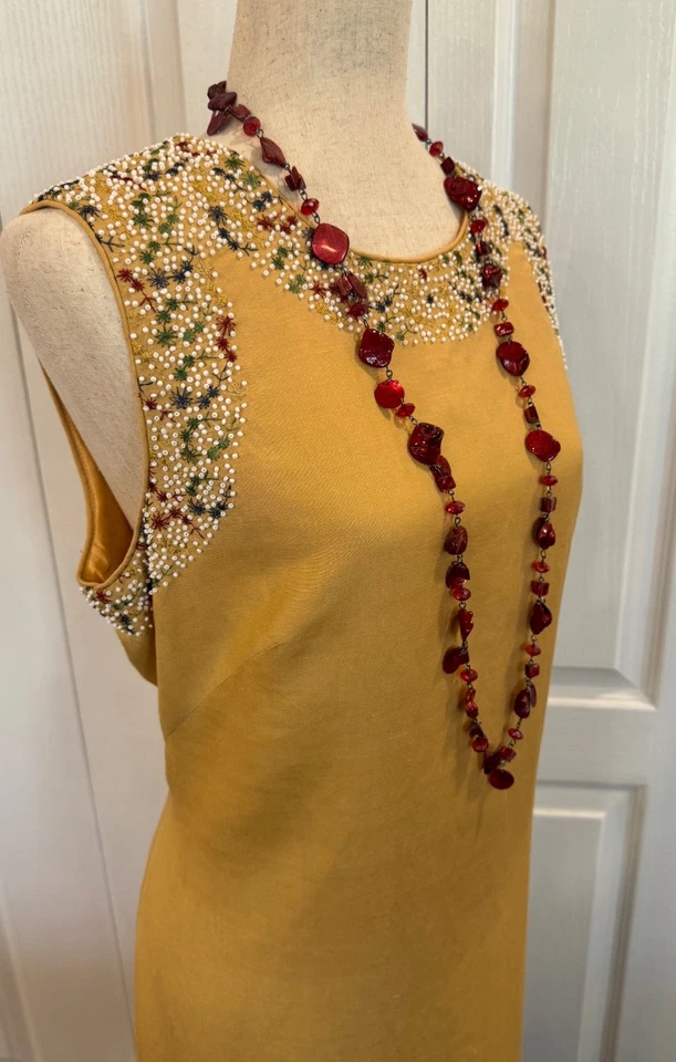 Vestido Donna Morgan, Mezcla de Lino Talla 16, Cuentas Tropicales, Sin Mangas Foto 2 de 4