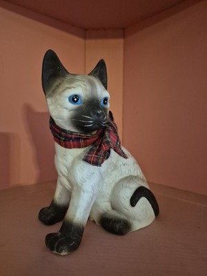 Vintage Siamese Cat Musical Figurine, Ceramic, Plaid Bow Collar Scarf, Blue Eyes