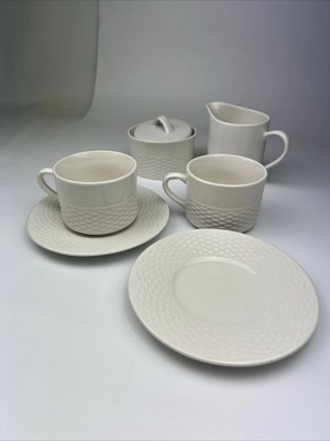 Tabletops Gallery Capri White Flat Two 8 Oz Coffee Cup Creamer Pitcher & Sugar