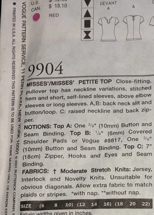 Vogue 9904  Womens 18-22 VERY EASY Vogue Collectibles Knit Tops Uncut - Image 4 of 4