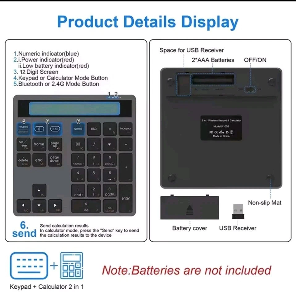 1. Bluetooth & 2.4G Kabelloser Ziffernblock mit Taschenrechner 34 Tasten LCD... - Bild 3 von 4