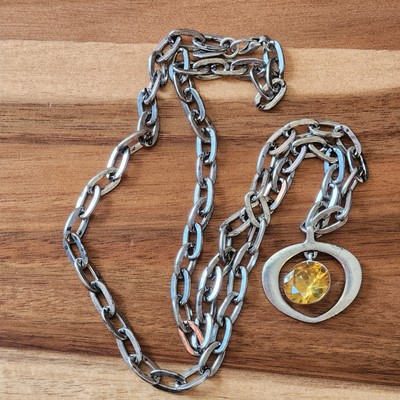 Jewel Kade Halo Necklace Yellow Rhinestone Pendant Silvertone 29'' Chain