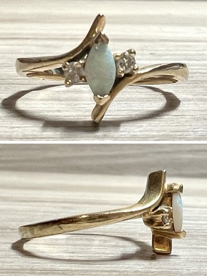Antiker Designer Ring signiert 14 KP Gelbgold Opal & Diamant, Größe 6, 1,93 g