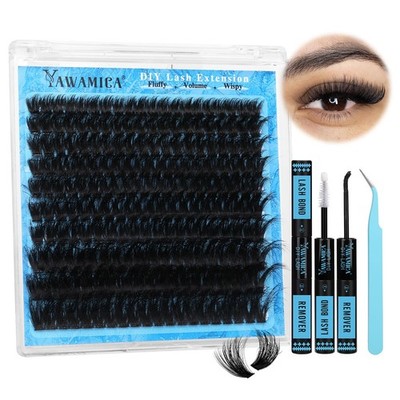 Yawamica Lash Clusters Kit 200D Fluffier Volume Cluster 202 Piece Set, Black 