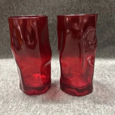 Vintage Bormioli Rocco Sorgente RED Drinking Glass 6" Tall Wavy Rocks Barware