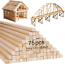 75 Pcs Balsa Wood Sticks 1/4 X 1/4 X 12 Inch Balsa Wood Strips Hardwood Square D