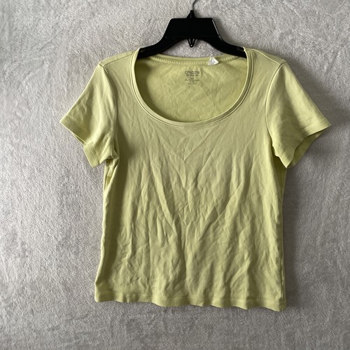 Chico's Womans Blouse Top Green Medium 1 Solid Round Neck Short Sleeve Pullover
