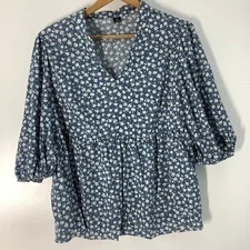 SHEIN Plus Size 0XL Navy Blue Floral Babydoll Blouse 3/4 Puff Sleeve Top