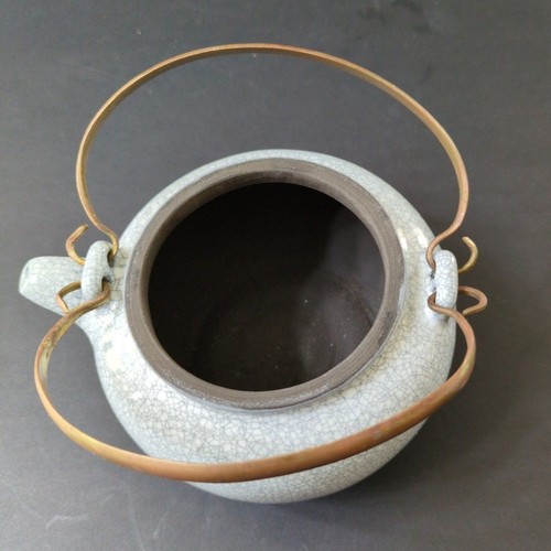 Vintage chinesische Yixing lila Ton Zisha Ge glasiert Wasserkocher Teekanne Messinggriff 4 Tassen - Bild 5 von 15