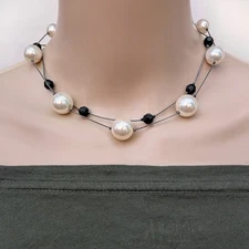 RMN Faux Pearl & Black Bead 2 Chain Choker Necklace Gunmetal Station Statement
