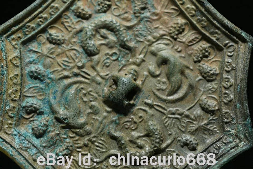 Espejo de bronce flor animal marino talla dinastía artículos de bronce de 3,1" antigua China Foto 2 de 4