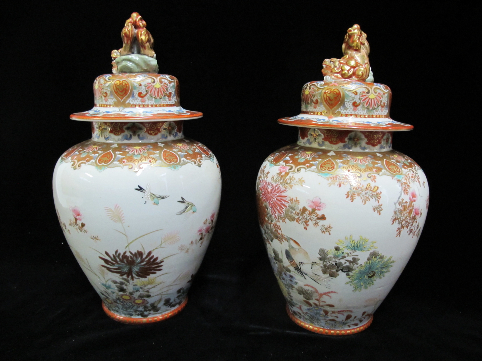 Fine KUTANI Gilt Bird & Flower PORCELAIN Ginger Jar Urn with FOO DOG