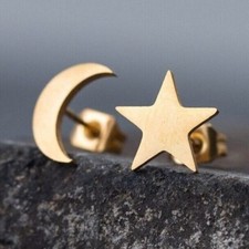 Moon Stars Earrings Mini Studs Stainless Steel Gold Colored Celestial Jewelry