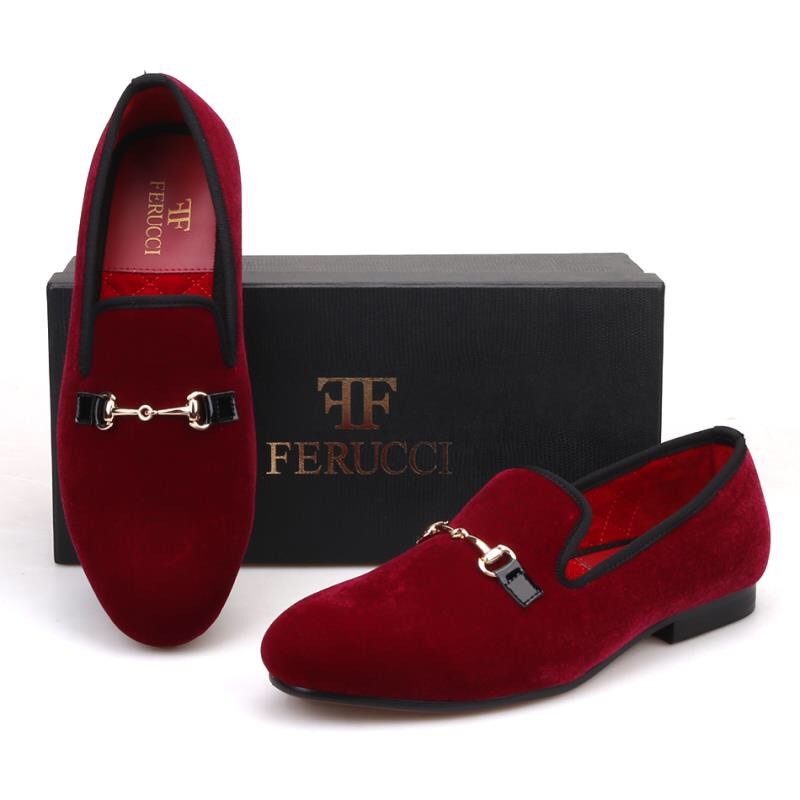 PANTOFOLA D’ORO Mocassini ciabatte uomo FERUCCI fatti a mano in velluto bordeaux con morso di cavallo oro