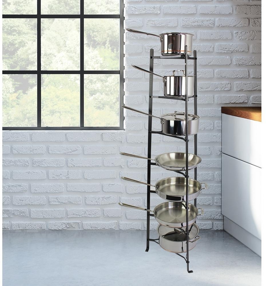 7 Tier Gourmet Cookware Pot Freestanding Stand Hammered Steel