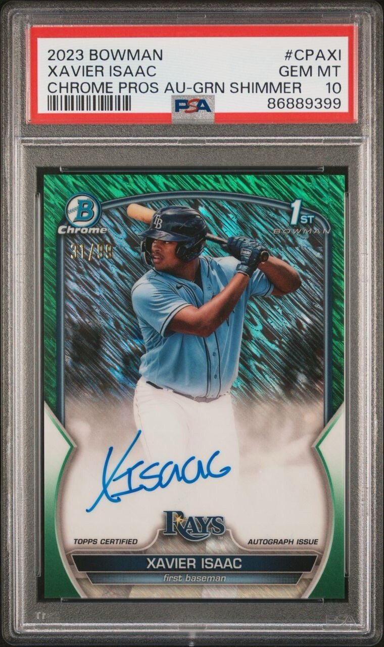 Xavier Isaac 2023 Bowman Chrome Prospect Green Shimmer Auto 1st Bowman/99 PSA 10