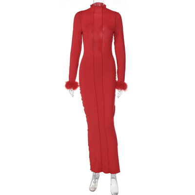 Women Feather Long Sleeve Bright Line Sexy Bodycon Elegant  Maxi Prom Dress #P