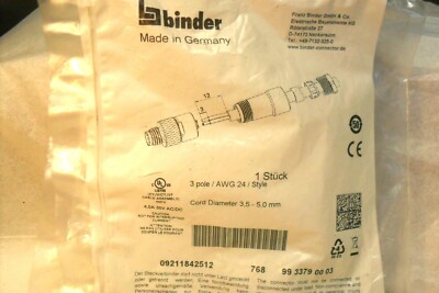 qty 2  -  binder 99 3379 00 03 Connector: M8; male; PIN: 3; straight; for cable 