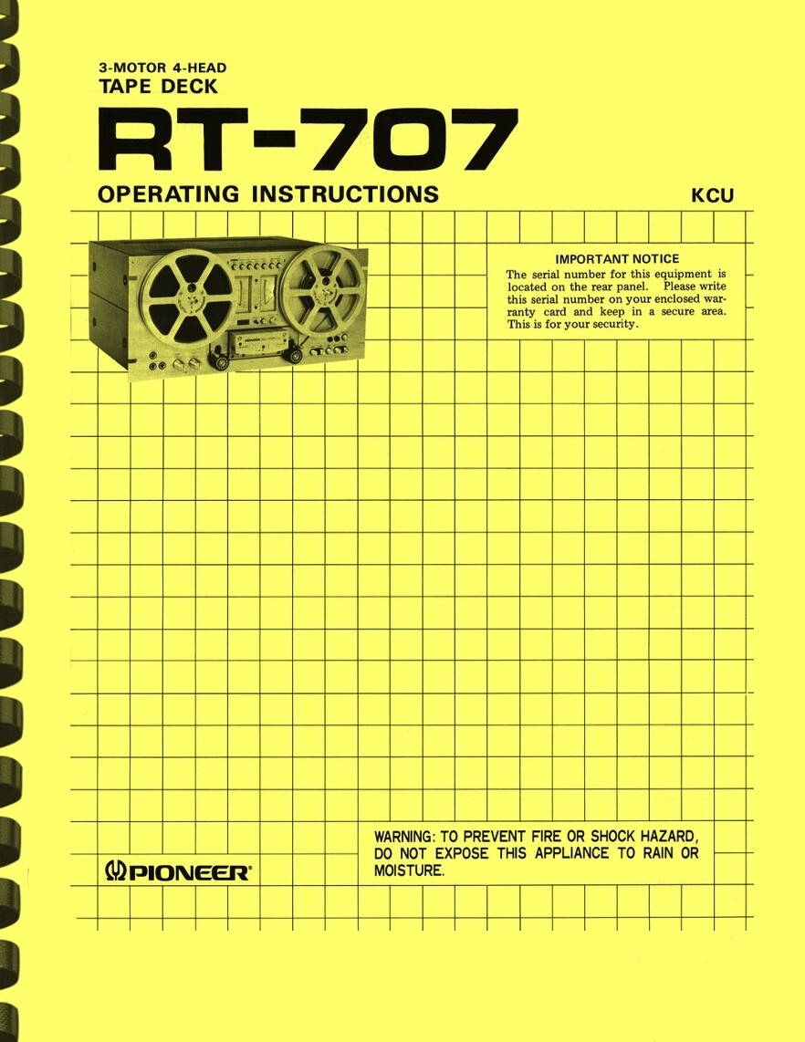 Pioneer RT-707 Reel to Reel Tape Recorder OWNER'S MANUAL & SERVICE MANUAL