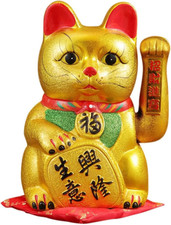 11" Waving Lucky Fortune Cat Maneki Neko Japanese Porcelain Lucky Cat H26CM