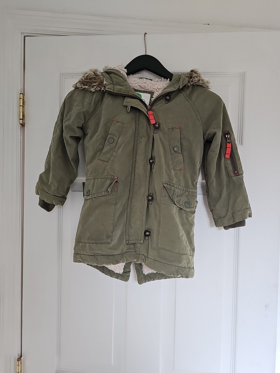Boden 4-5Y Winter Coat Jacket Parka Green Front Pockets Faux Fur