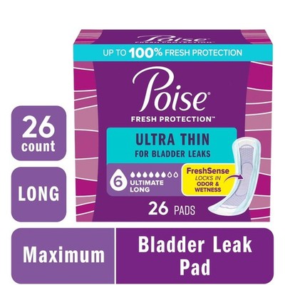 Ultra Thin Incontinence Pads, 6 Drop Ultimate Absorbency, Long Length, 26 Count