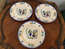 French Quimper Ceramiques de Cornouaille Dinner Plates 10.75" Breton Set Of 3
