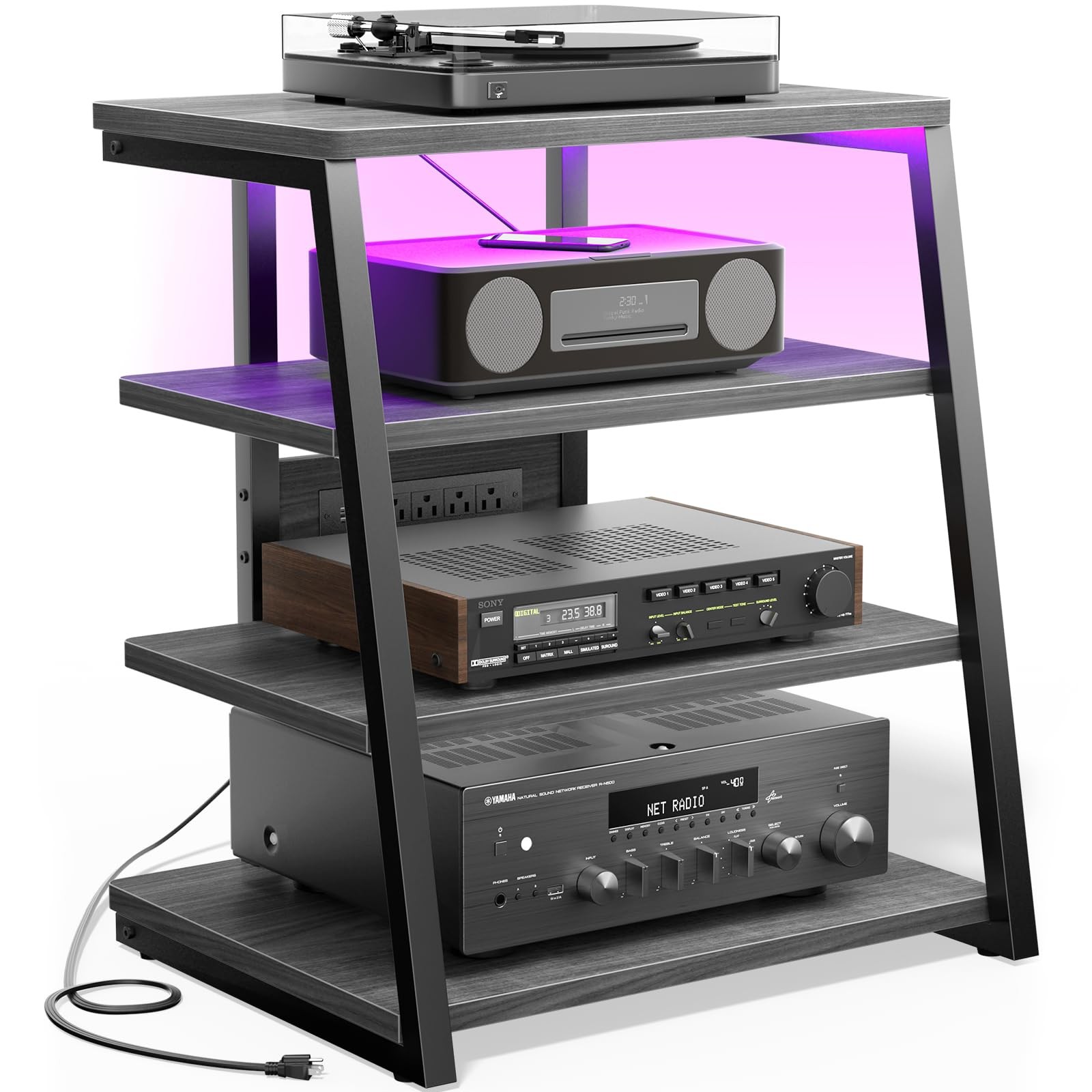 Modern AV Media Stand with Outlets, LED Lights & Stereo Rack Storage