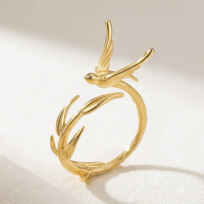 925 Sterling Silver 18K Gold Plated Swallow Willow Bird Irregular Asymmetric