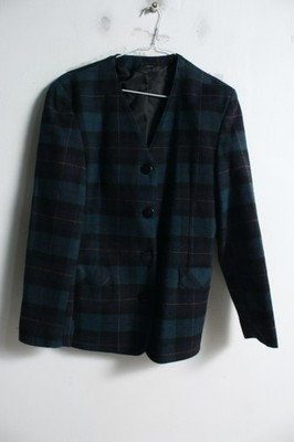 Damen Vintage 80er 90er Tartan Blazer Jacke - Grün - Größe M Medium (h9)