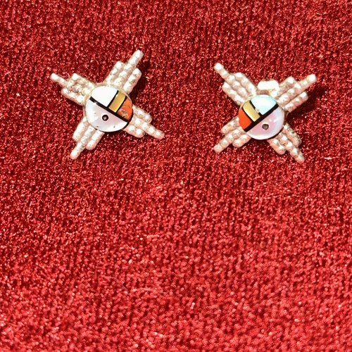 Zuni Sun Face Cross Stud Earrings Turquoise Coral MOP Inlay Sterling 925 tested