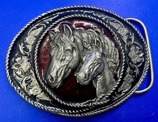Western Horse Head 3D Mare  Foal Red Enamel Vintage 1991 Siskiyou Belt Buckle