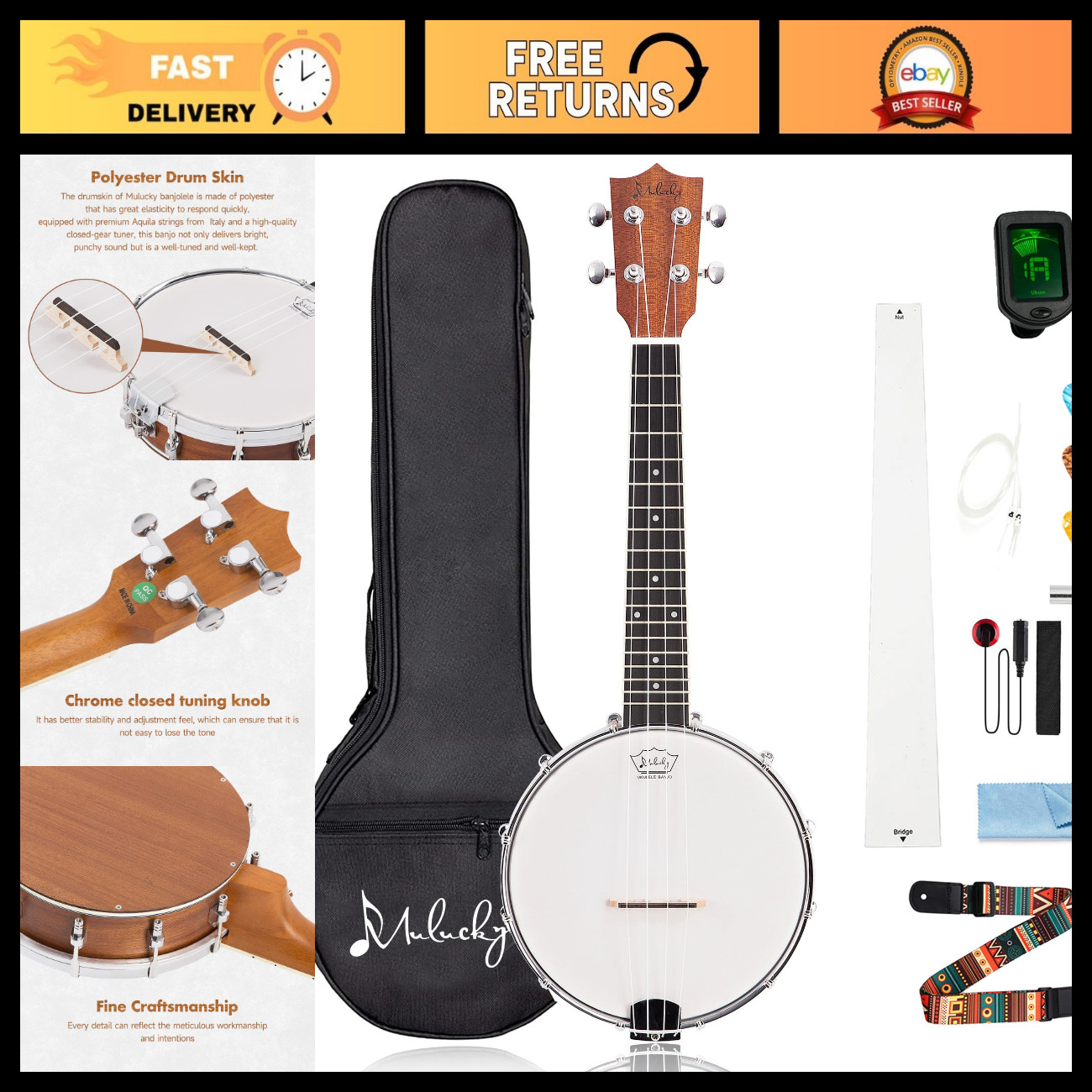 4-String Banjo Ukulele 23" Sapele Wood Banjolele with Remo Head & Travel Kit