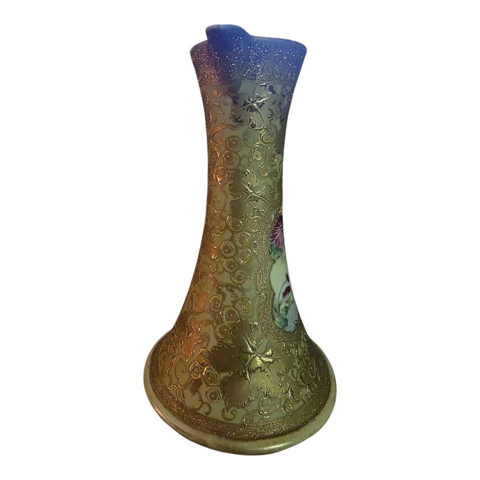 Jarrón antiguo japonés Moriage Ewer pintado a mano dorado con cuentas florales rosa Foto 4 de 4