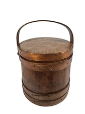 Antique primitive banded Wooden Sugar Bucket w/lid and handle 10" tall