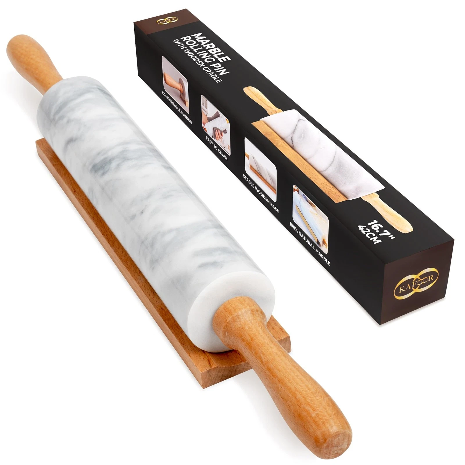 16.7 Inches Marble Rolling Pin for Baking with Wooden Handles & Wooden Cradle...