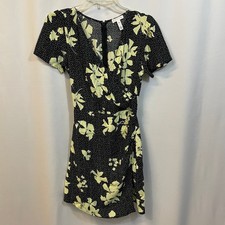 Leith Black Faux Wrap Short Sleeve Neon Floral Details Dress XXS