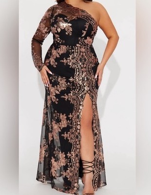 Fashion Nova All Nighter Long Sleeve Sequin Gown One Shoulder New Size 2X NWT