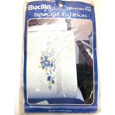 Bucilla Special Edition Pillowcase Pair Blue Violet Bouquet 2 Stamped Cases