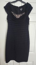 Adrianna Papell Dress Womens 12 Black Lace Illusion Ruched Sheath Knee Length