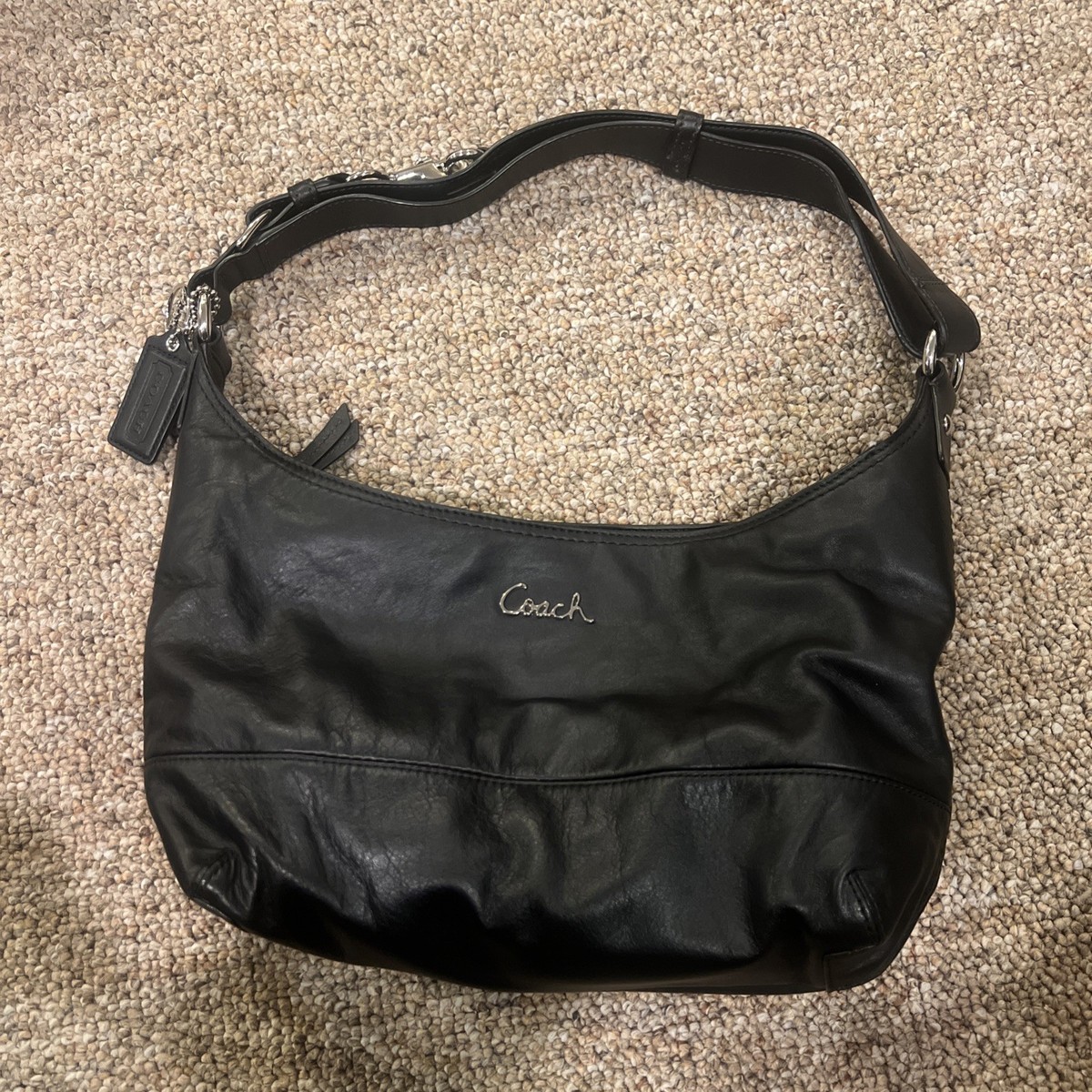 バッグ COACH Vintage Leather Black Shoulder Bag Coach Vintage Ashley Leather East West Duffle Handbag Purse F17489