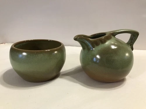 Frankoma Pottery Prairie Green Mini Ball Creamer #553 & Open Sugar Bowl #504