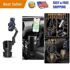 Long Arm Car Phone Mount with 360° Rotation & Expanding Cup Holder - Black