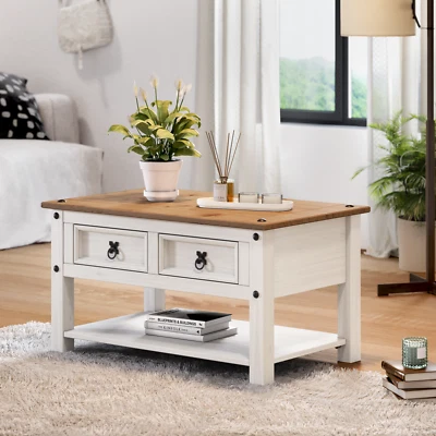 Corona Coffee Table White 2 Drawers Solid Pine Living Room Mercers Furniture®